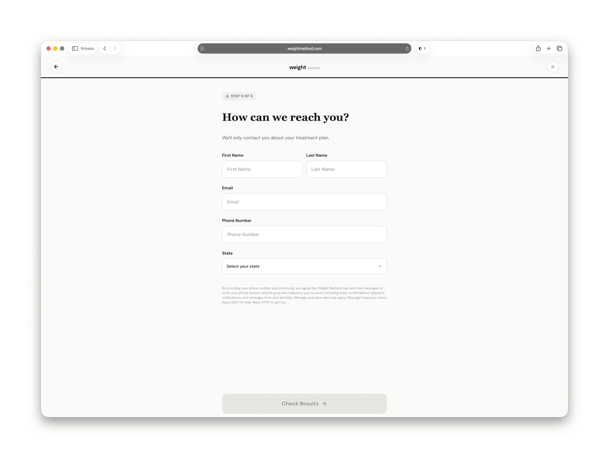 Captura de pantalla del aviso de consentimiento SMS mostrado durante el cuestionario de admisión
